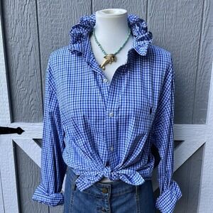 Upcycled Re-worked Ralph Lauren Performance Blue Check Ruffle Collar Shirt XXL
